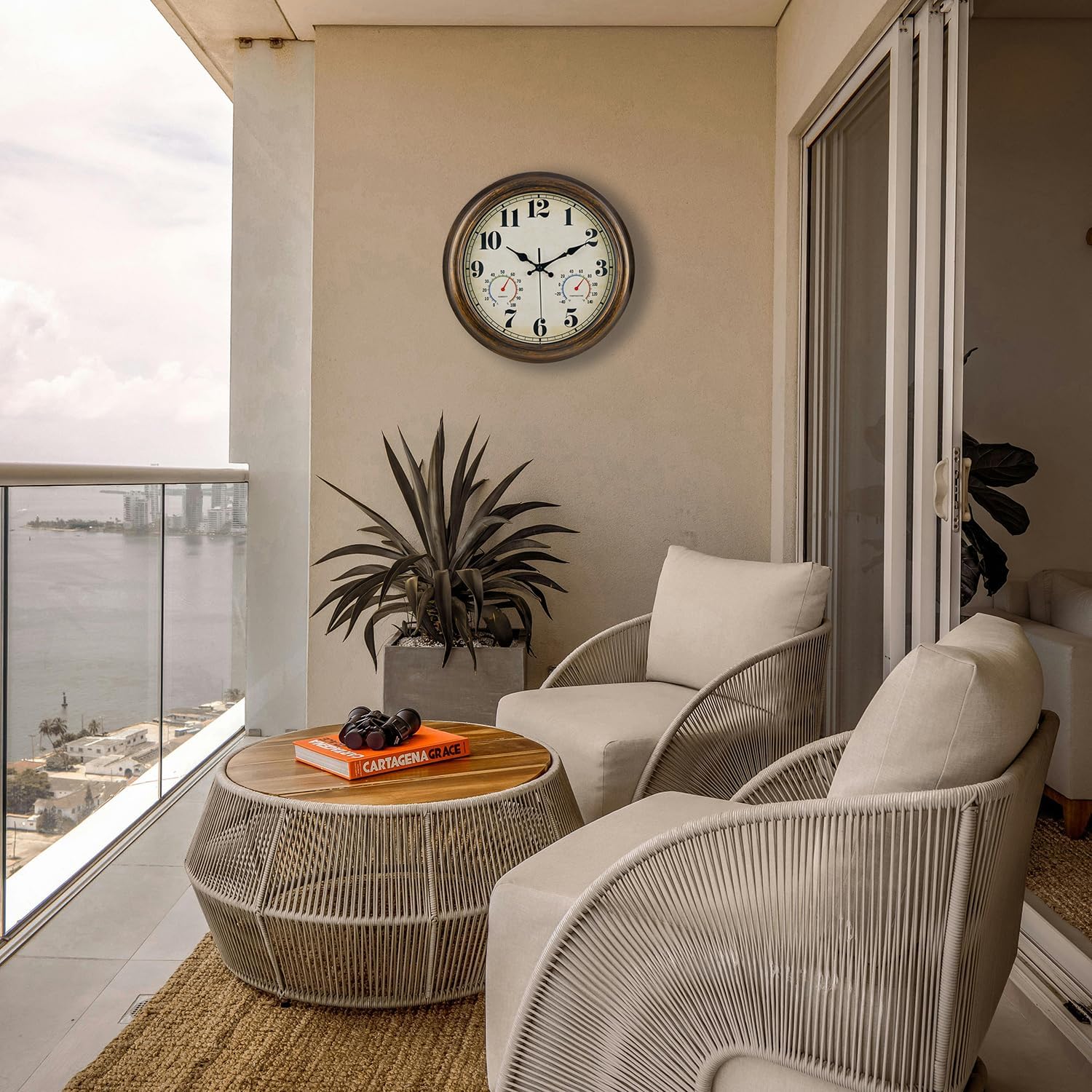 45MinST 13-Inch Vintage Outdoor Wall Clock with Thermometer and Hygrometer, Waterproof, Large Numbers, Silent, for Indoor and Outside Use,Porch,Garden,Pool(Bronze)